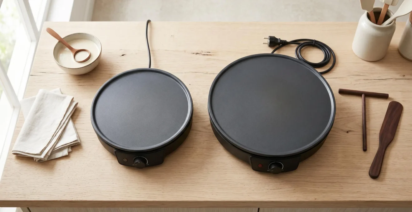 Comparaison côte à côte de deux plaques de crêpières électriques de diamètres différents, 25 cm et 33 cm, posées sur un comptoir de cuisine clair
