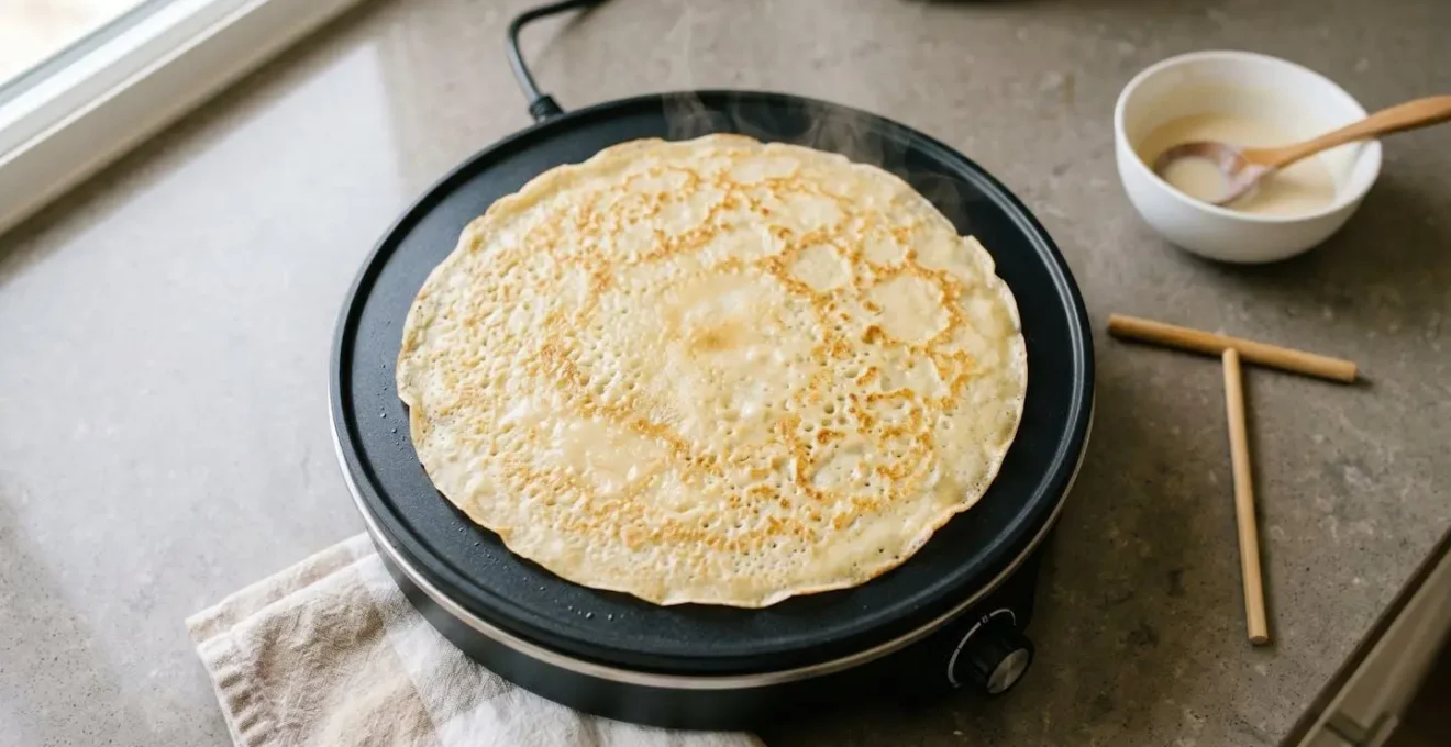 Crêpe dorée en train de cuire sur une crêpière électrique posée sur un plan de travail de cuisine moderne
