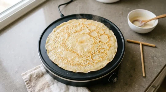 Crêpe dorée en train de cuire sur une crêpière électrique posée sur un plan de travail de cuisine moderne