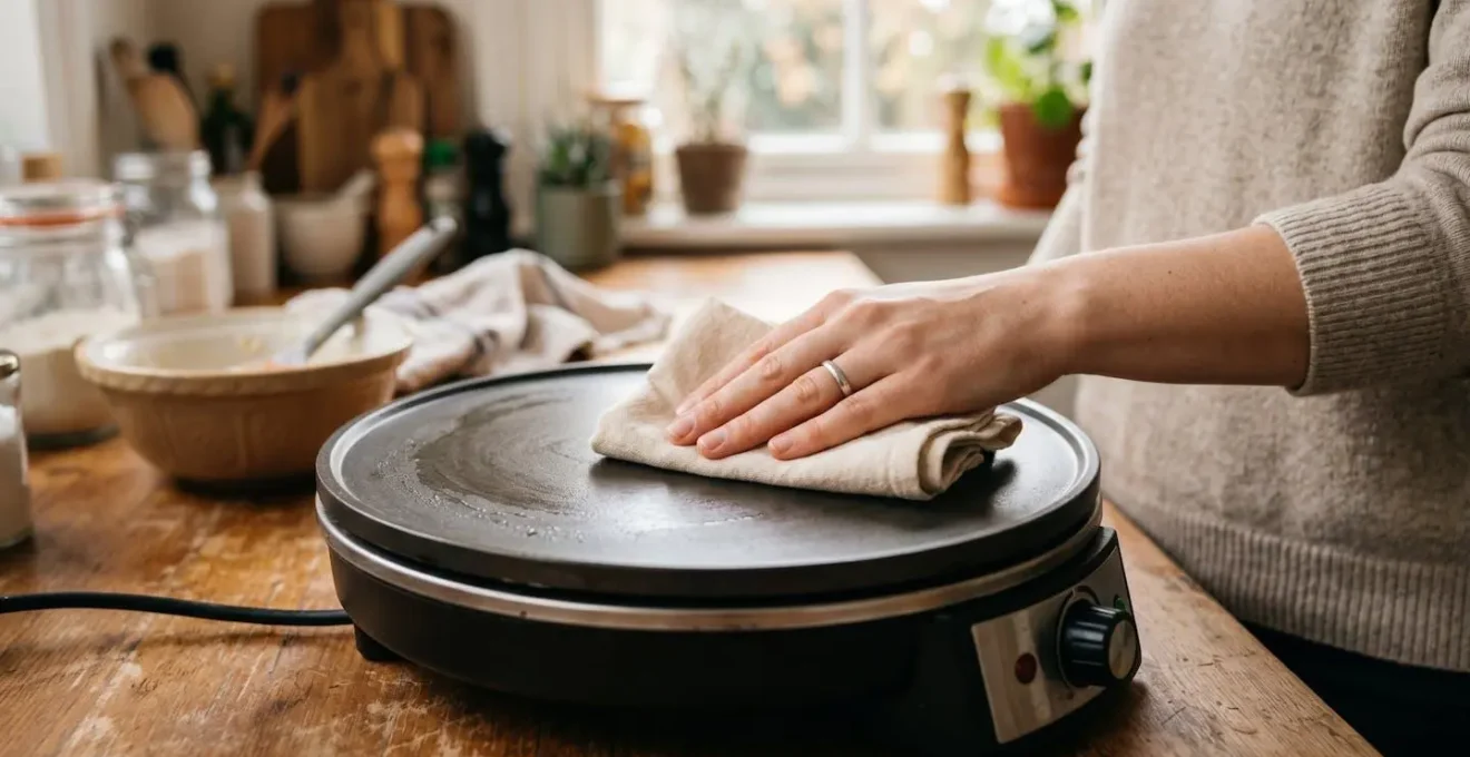 Main essuyant délicatement la surface antiadhésive d'une crêpière électrique en aluminium avec un chiffon doux